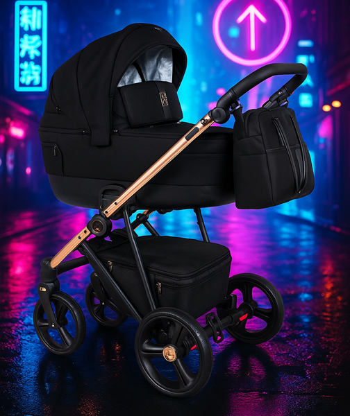 Camarelo Belagio — elegancki, czarny wózek modułowy z ramą w kolorze różowego złota. Luksusowy design na miejskim tle.